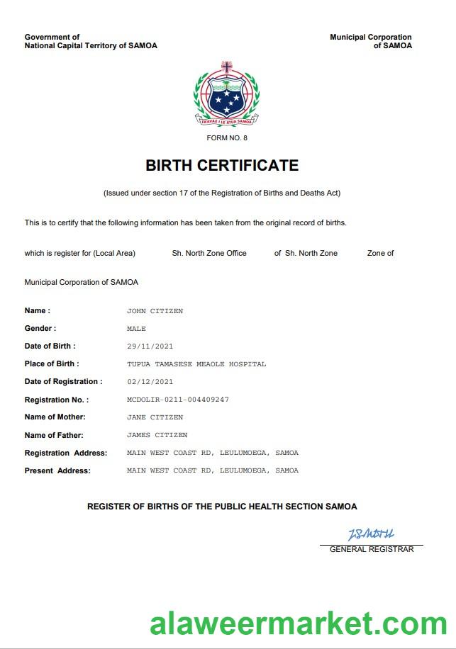 Samoa vital record birth certificate Word and PDF template